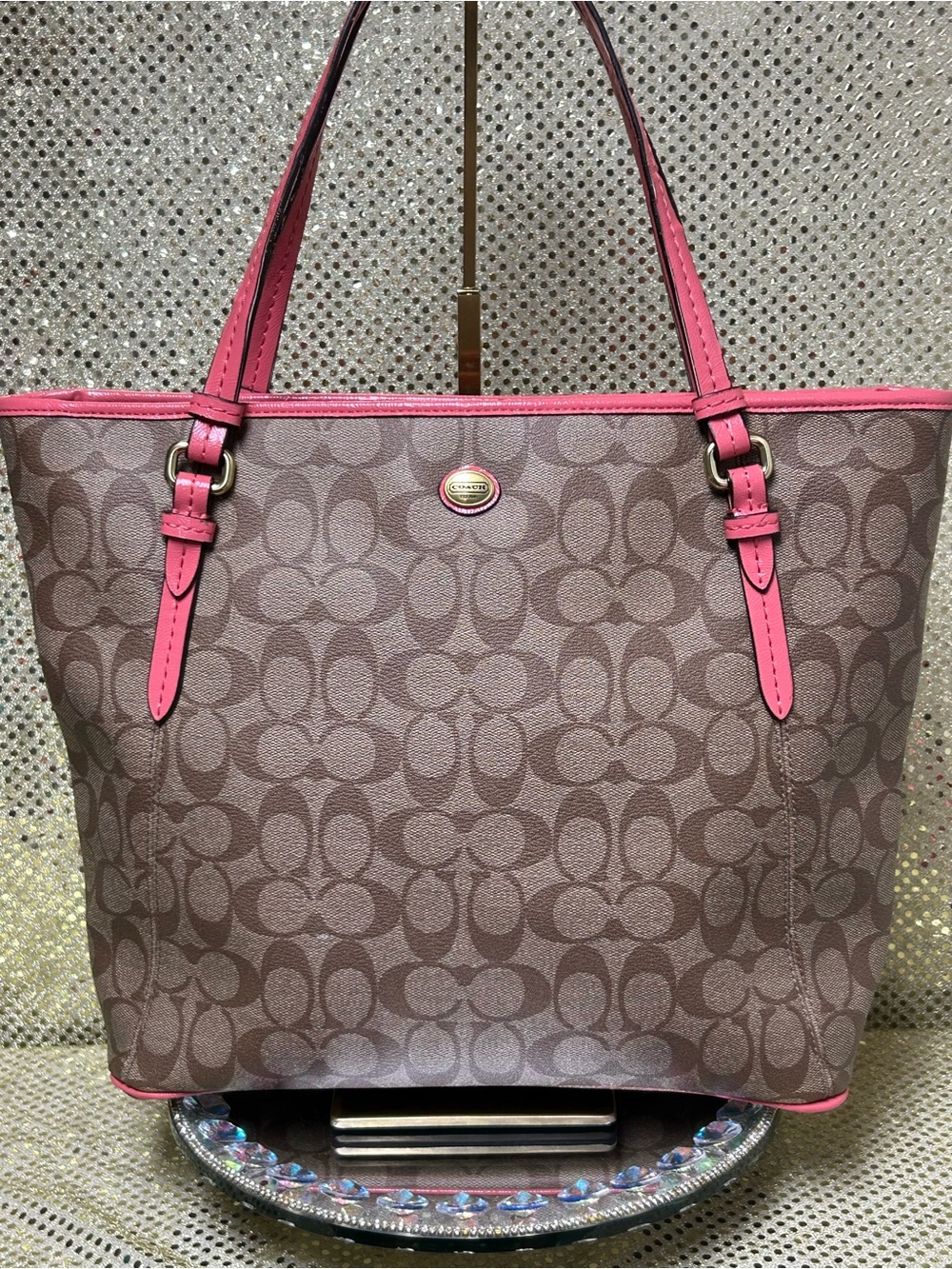 Coach Signature Canvas Tote with Pink Trim Approx. 15.5 x 4.5 x 4